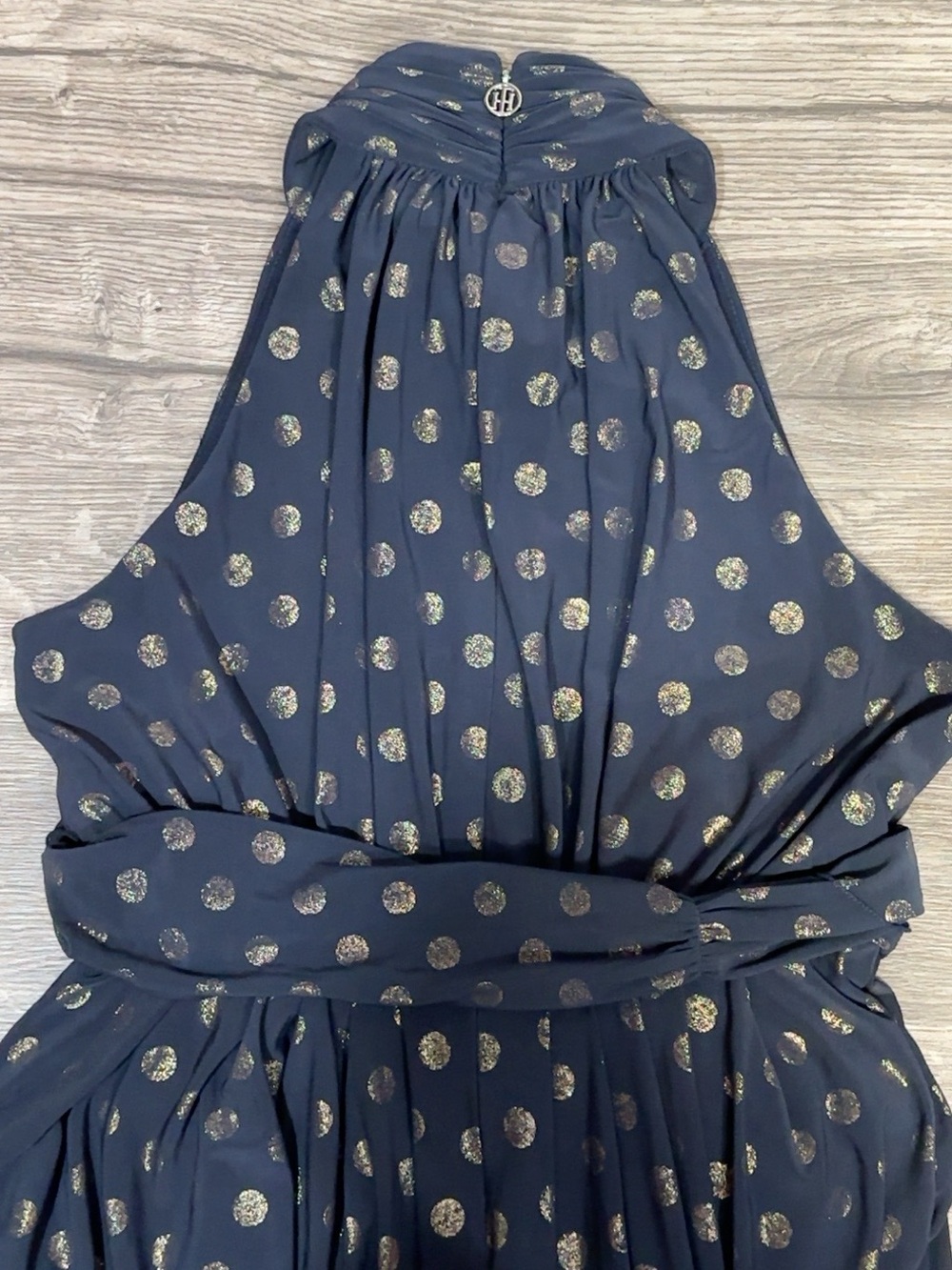 Tommy Hilfiger Navy Gold Metallic Polka Dot Halter Maxi Dress Size 10 - Picture 7 of 12